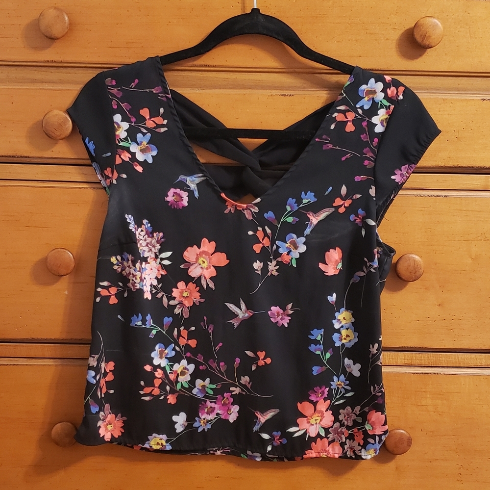 Express Black Floral Lace-up Blouse Size XS